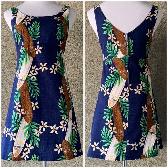 🌺 “Blue Planet” Navy Hawaiian Barkcloth Mini-Dress Surfboards size XS - Picture 2 of 11